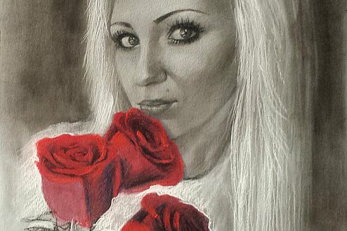 Dívka s růžemi - kresba uhlem a pastelem na papír