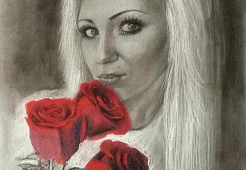 Dívka s růžemi - kresba uhlem a pastelem na papír
