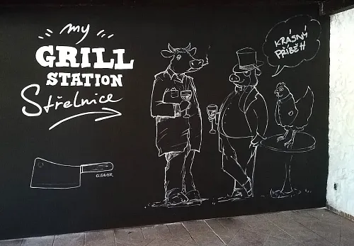 Originální černobílá kresba na stěnu restaurace Střelnice ve Frýdku-Místku