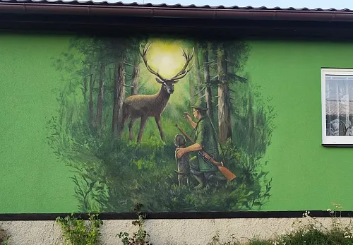 Nástěnná malba pro myslivce názvem "Setkání s jelenem"